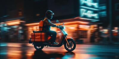 entrega hombre paseo scooter motocicleta a noche con neón luces, movimiento difuminar paisaje urbano antecedentes. generativo ai foto