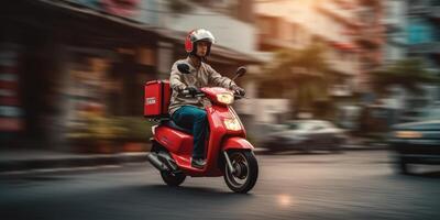 Delivery man ride scooter motorcycle with motion blur cityscape background. photo