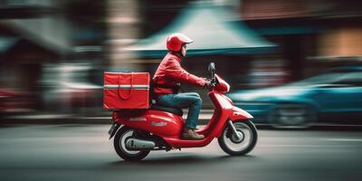 Delivery man ride scooter motorcycle with motion blur cityscape background. photo