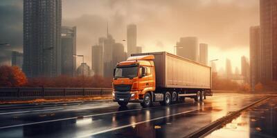 Truck driving on the road with cityscape motion blur background. photo