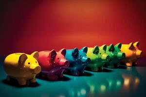 Array of piggy banks in saturated colours on high colour contrast background illustration of the concept of bank savings financial investment and multiple sources of income. photo