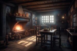 Dark moody medieval tavern inn interior with food and drink on tables burning open fireplace candles and daylight through a window 3d illustration. photo