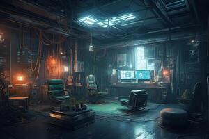 Futuristic guy room in cyberpunk dystopia concept art illustration. photo