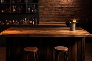 Pub bar counter with wooden table background. AI Generated photo