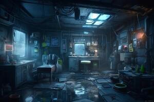 Futuristic guy room in cyberpunk dystopia concept art illustration. photo