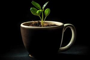 Concept image of a plant blooming out of a coffee mug earth day eco friendly green technology studio image a green business. photo