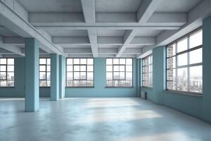 3D render and room decoration of large bright empty room without a ceiling. photo
