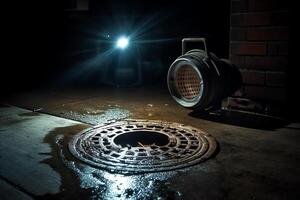 Sump pump manhole with water backup viewed with a flashlight. photo