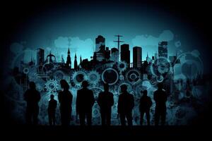 Universal technology wallpaper with abstract backdrop gears idea and business peoples silhouettes on a cityscape. photo