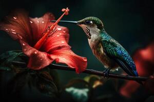 majestuoso colibrí hermosa fotografía de un colibrí alimentación en hibisco flor. ai generado foto