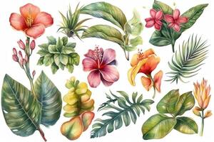 Illustration of tropical plants and flowers in watercolor technology. photo