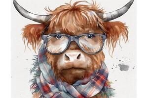 Quirky highland cow add a touch of fun with a scarf and glasses watercolor white. photo