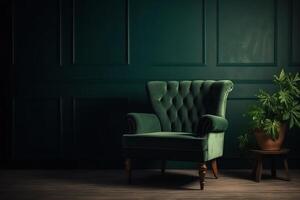 Living room with green armchair on empty dark green wall background. AI Generated photo