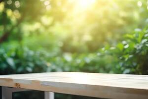 Empty white wooden table top with out of focus lights bokeh green garden background behind window and green plant. photo