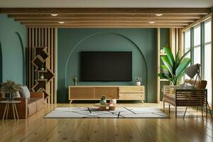 Mockup a TV wall mounted on wood cabinet with leather sofa in living room with a green wall. photo