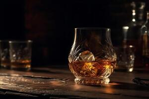 vaso de whisky con hielo todavía vida brandy Borbón en un marrón de madera mesa rústico estilo alcohol bebida Ron escocés es generado con el utilizar de un ai. ai generado foto