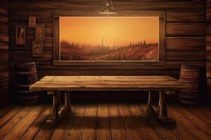 Wild west wood table saloon table mockup product display perspective template illustration. photo