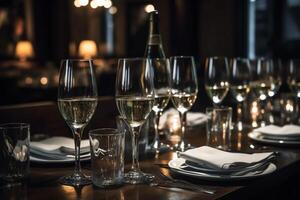 un mesa en un restaurante tiene lentes de champán o blanco vino arreglado en él. ai generado foto