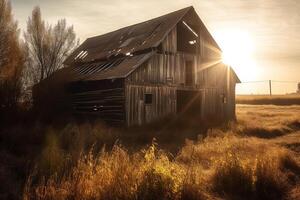 An old wooden barn weather worn outside in the warm sunlight. AI Generated photo
