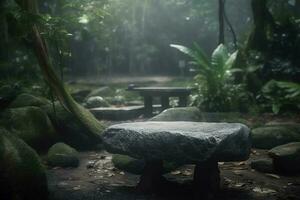 Jungle and stone table background technologies. AI Generated photo