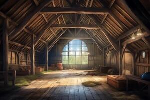 Interior of big old barn in the countryside wood beams windows background illustration digital matte painting. photo