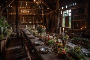 un rústico granero Boda con cuerda luces y flores silvestres ai generado foto