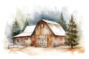 Watercolor wooden white barn christmas tree background illustration. photo