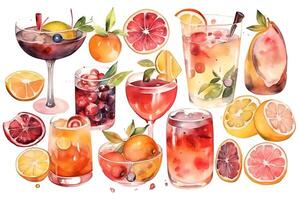 Cocktails and ingredients illustrations different cocktails and food isolated on white watercolor clipart set of drinks. photo