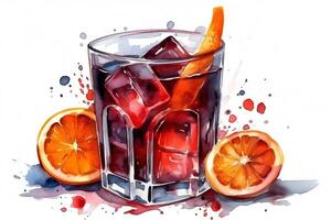 Negroni cocktail watercolor hand drawn illustration drink clipart on white background. photo