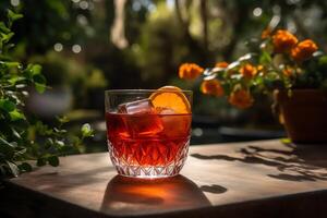 negroni cóctel foto tomado fuera de cerca hermosa jardín en bar genial en sus propio social medios de comunicación o un póster paisaje. ai generado