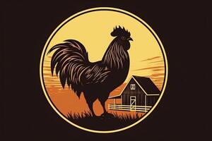 Rooster and barn with fence and grass in silhouette vintage logo illustration design. photo