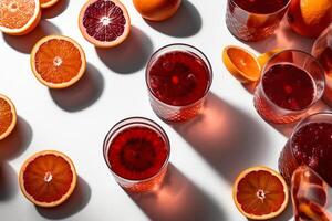 Negroni cocktails with blood oranges overhead flat lay shot on a white background with shadows and. AI Generated photo
