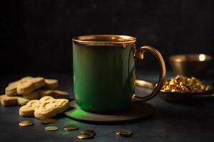 Toast to saint patricks day with a mug of gold and shamrocks. photo