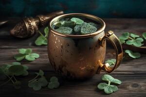 Toast to saint patricks day with a mug of gold and shamrocks. photo