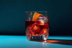 Popular cocktail negroni with gin and vermouth on blue background with shadow negroni cocktail on coloured background in trendy style contemporary concept with alcohol beverage. photo