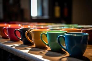 Colorful collection of coffee mugs lined up on a table. photo