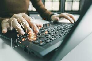 AI technology, Artificial Intelligence, Chatbot Chat and talk with AI, Using laptop for search and find data by command prompt, robot learning machine create or generate picture or article auto photo