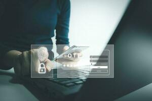 Verification of information with finger print by smart phone, Internet security, online financial transaction, 2-step verification, confirm transaction and identity. photo