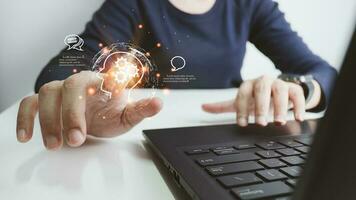 AI technology, Artificial Intelligence, Chatbot Chat and talk with AI, Using laptop for search and find data by command prompt, robot learning machine create or generate picture or article auto photo