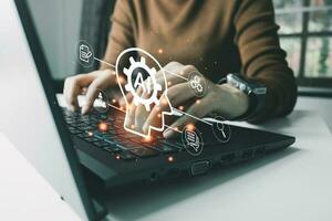 AI technology, Artificial Intelligence, Chatbot Chat and talk with AI, Using laptop for search and find data by command prompt, robot learning machine create or generate picture or article auto photo