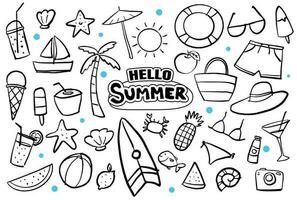 Hello summer doodle on white background. Summer hand drawn symbols and objects. vector