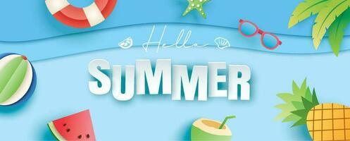 Hola verano con decoración en azul antecedentes. papel Arte y arte estilo. vector