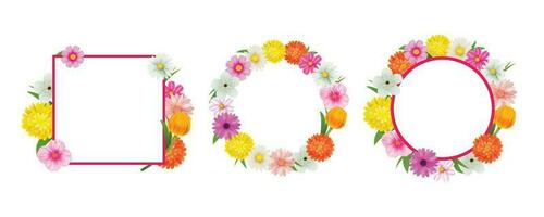 Hello spring circle frame greeting card and flowers decoration. vector