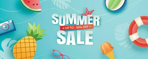 Summer sale with decoration origami on blue sky background. Paper art and craft style. vector