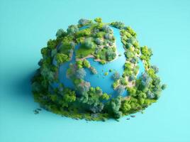 Green planet with trees on blue background, Earth Day. photo