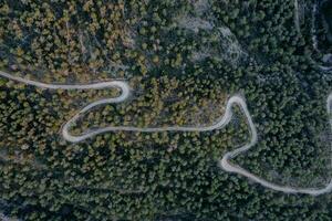 aéreo Disparo de un curvilíneo la carretera en un montaña en un bosque foto