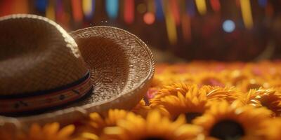 Paja sombrero festa junina fondo, brasileño fiesta y latín americano festival. generativo ai foto