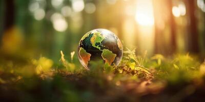 Planet earth on green background. World environment day and Earth day. photo