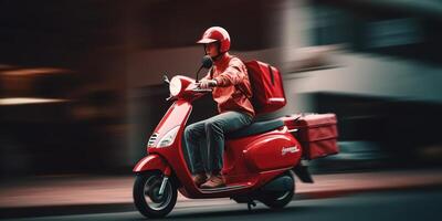 Delivery man ride scooter motorcycle with motion blur cityscape background. photo