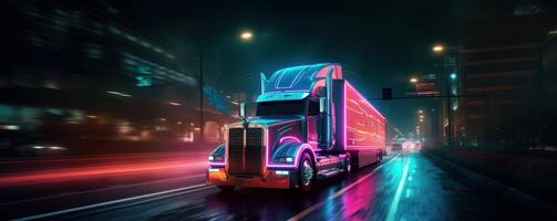 Truck with cargo driving on the road at night with neon lights and cityscape motion blur background. photo